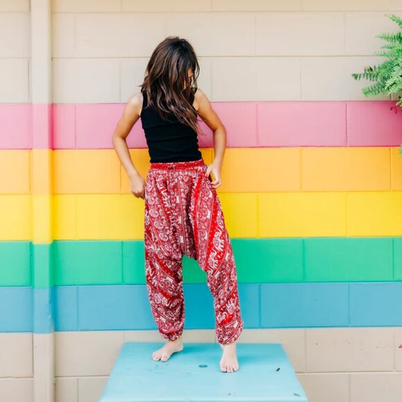 Kids Red Lotus Harem Pant Unisex Cotton Printed Travel Boho Hippie Pants Red - Picture 7 of 9